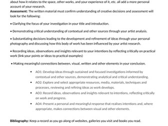 Component 1 Personal Investigation A level Photography Help Sheets AQA