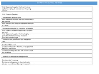 Recall quiz based on physics equations and units