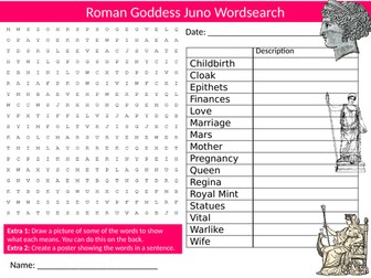 Roman Goddess Juno Wordsearch Sheet Starter Activity Keywords RE History