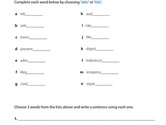 KS2 English Resource - Suffixes 'able' or 'ible'