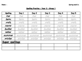 Year 3 Spring 2 Spelling Practice Sheets
