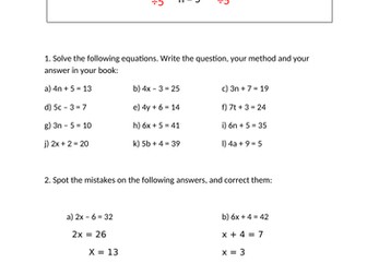 Solving equations. 2 Step, 3 step, brackets one side and both sides. With answers.