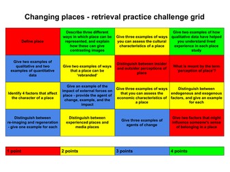 Changing places A Level revision - retrieval practice challenge grid activity