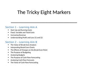 BTEC First Business Unit 2 Finance 8-mark questions booklet with markschemes