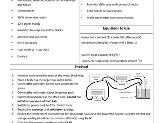 GCSE AQA 9-1 physics required practical student sheet- RP1 specific heat capacity