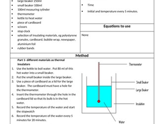 GCSE AQA 9-1 required practical student sheets- RP2 Thermal Insulation