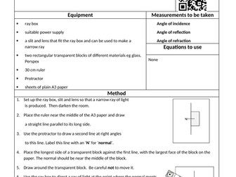 GCSE AQA Required Practical Student Sheets- RP9 Reflection and refraction