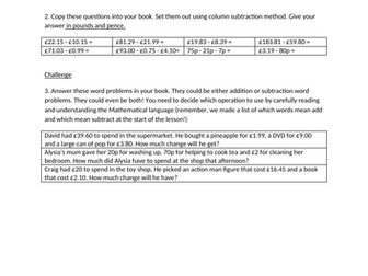 Adding and subtracting money, LKS2/KS2