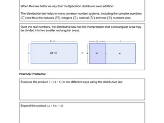 Distributive Law Worksheet with Problems and Solutions (.pdf)