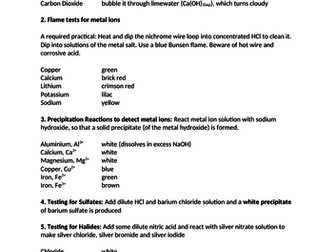 AQA Testing for Ions revision sheet.