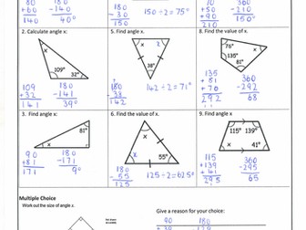 Angles in a Triangle and Quadrilateral Homework with Answers