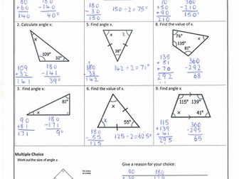 Angles in a Triangle and Quadrilateral Homework with Answers