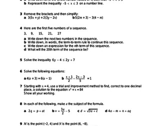 GCSE  Mixed Algebra Revision Worksheet