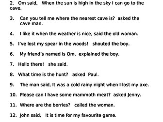 Cave man based speech marks worksheet.