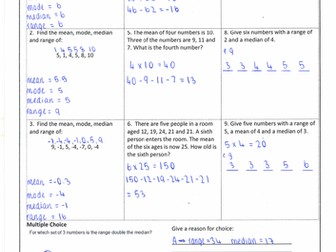 Averages and Range Homework Sheet with Answers