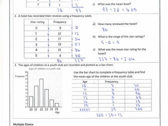 Mean from a Frequency Table Homework Sheet with Answers