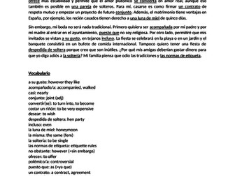 Spanish Reading Comprehension about "El matrimonio"