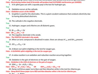 Electrolysis - True or False Worksheet