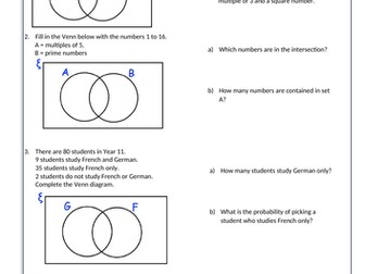Venn Diagrams Homework Sheet with Answers