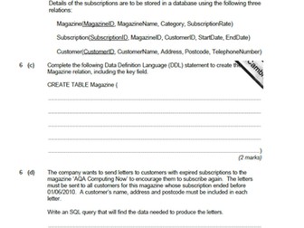 AQA A Level SQL Exam Question Worksheet