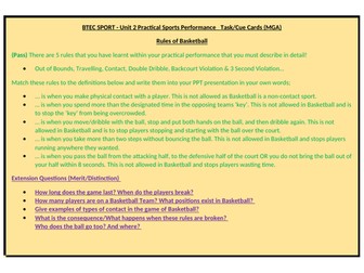 BTEC Sport Unit 2 - Practical Sport - Cue Cards for Assignment Completion