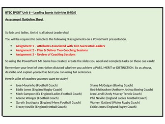BTEC Sport Unit 6 - Leading Sports Activities_Task Cards to Assist Assignment Completion