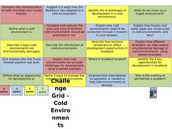 AQA Geography Cold Environments Revision Grid