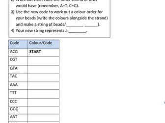 Protein Synthesis Bead Activity Sheet Using Nucleotides and Codons GCSE Biology AQA