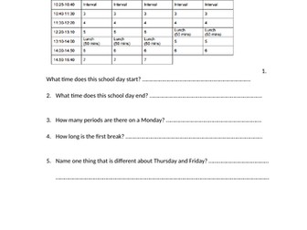 Differentiated year 6 to 7 Transition activity looking at timetables