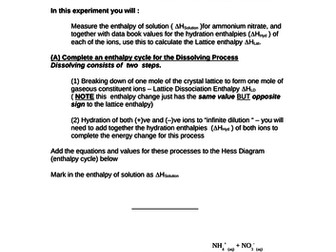 Experiment to Measure lattice enthalpy  of Ammonium Nitrate (Born Haber Cycles and Solution Enthalpi