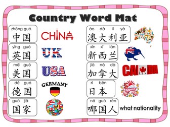 Countries_Word Mat in Mandarin Chinese