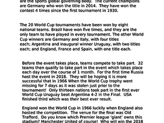 World Cup 2018 Comprehension Task Year 1+