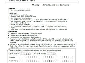 AQA GCSE GERMAN writing exam style papers.  Including some teacher tips.