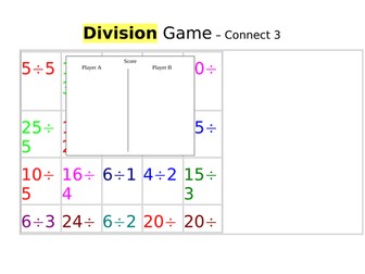 Division problems and Division Game (Connect 3) for KS 2 Years 3/4