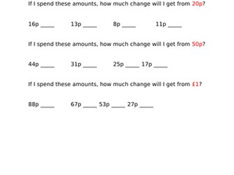 Finding change from 10p, 20p, 50p, £1