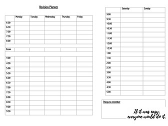 Exam Weekly Revision Planner for School