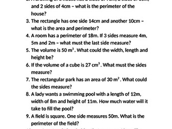 Volume, perimeter, area word problems (written by Year 5!)