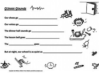Our School Sounds - fun writing sheet for Ys 2-4: onomatopoeias