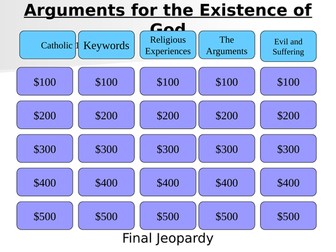 GCSE Edexcel RS (Spec A) - Paper 3 - Arguments for God (Catholic) Jeopardy Revision Game!