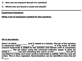 Core Practical Pupil Worksheets for Investigating pH and Making CuSO4 salts