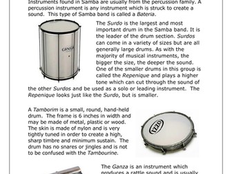 KS3 Music - Instruments of Samba Worksheet