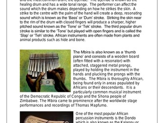 KS3 Music - Instruments of Africa Worksheet