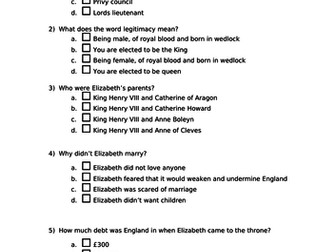 Edexcel GCSE History (9-1) Early Elizabethan England 1558-1588 Accumulative knowledge test