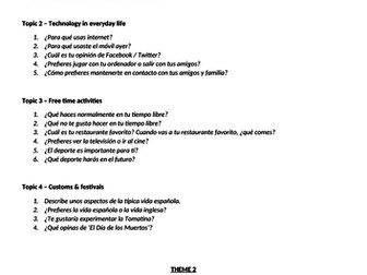 AQA GCSE Spanish Foundation speaking exam - bank of example general conversation questions
