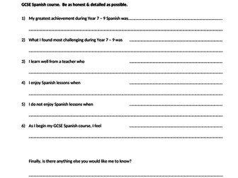 Learning preferences questionnaire for first lesson with GCSE classes