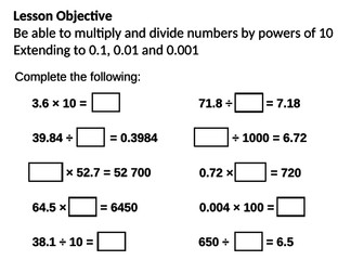Multiplying and Dividing by Powers of Ten (10) Key Stage 3 and Key Stage 4