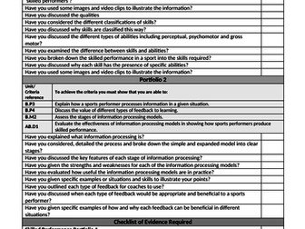 BTEC Sport Level 3 Unit 23 - Skill Acquisition Student Checklists for Assignments