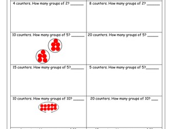 2 worksheets. Children use counters to group objects equally.