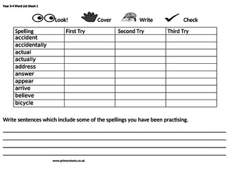 Year 3 and 4 Word List Look Cover Write Check Sheets