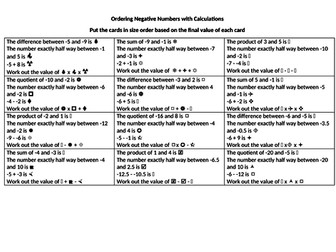 Ordering Negative Numbers Calculations